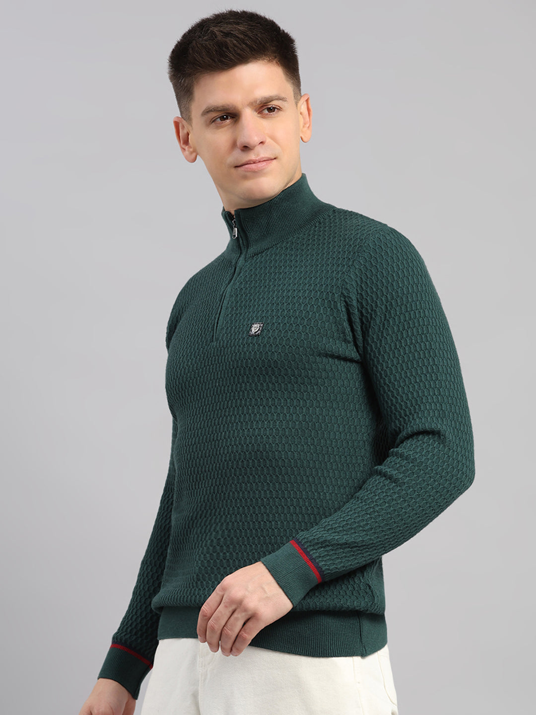 Men Green Self Design Round Neck Full Sleeve Pullover