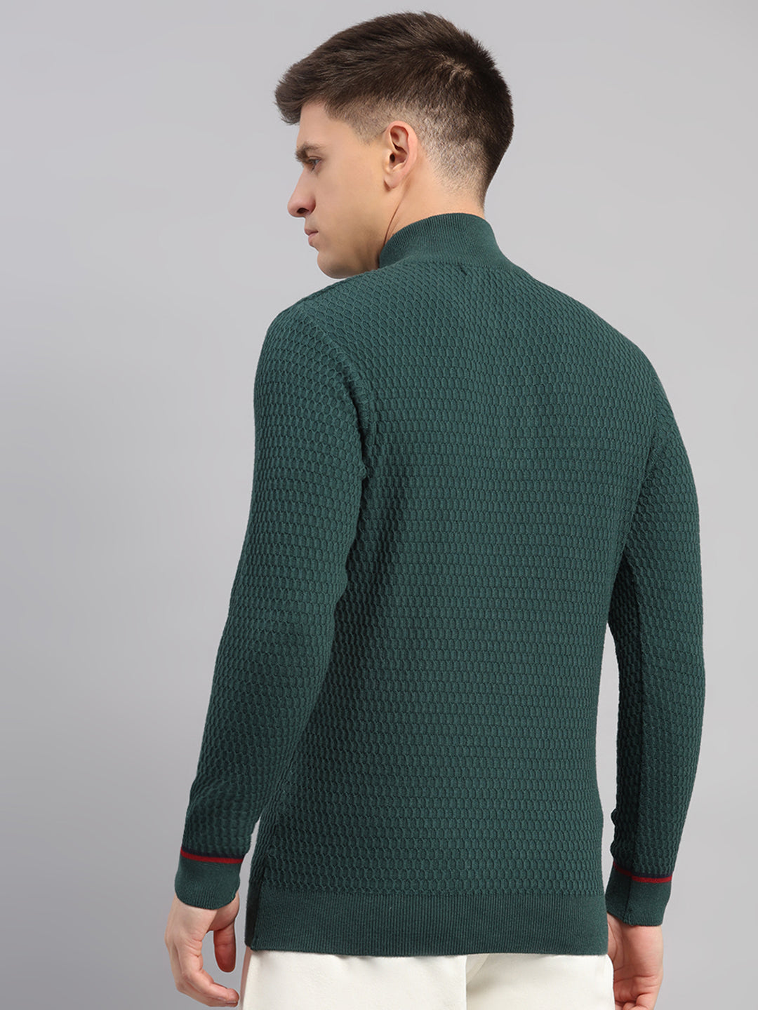 Men Green Self Design Round Neck Full Sleeve Pullover