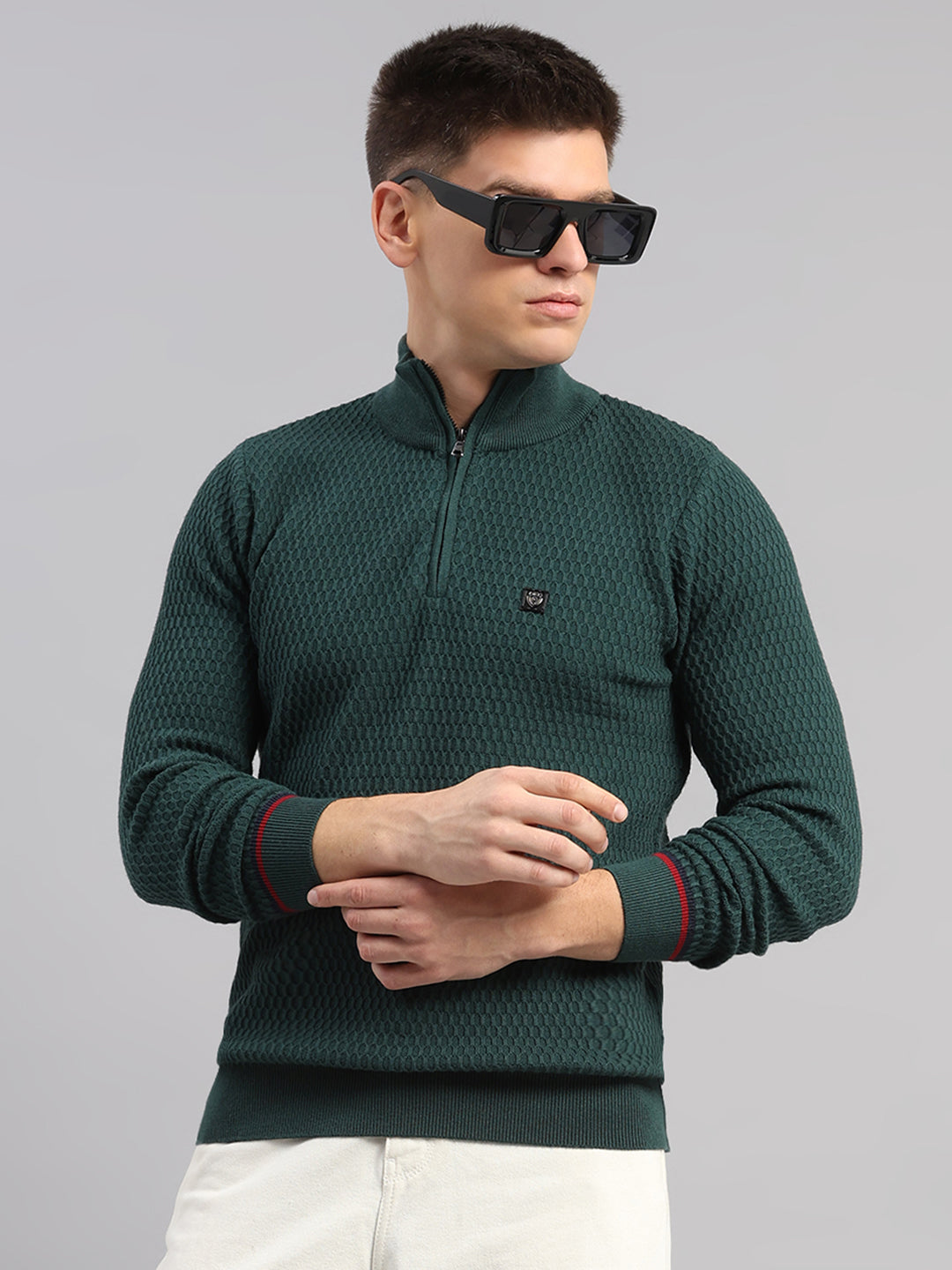 Men Green Self Design Round Neck Full Sleeve Pullover