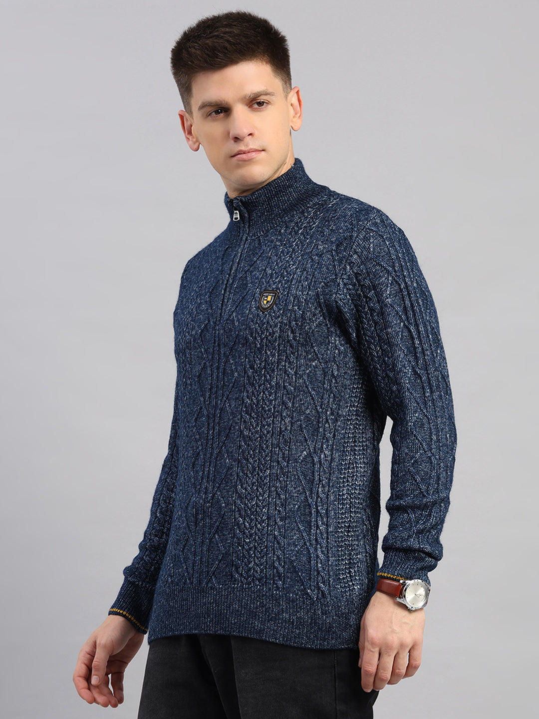 Men Blue Self Design Round Neck Full Sleeve Pullover