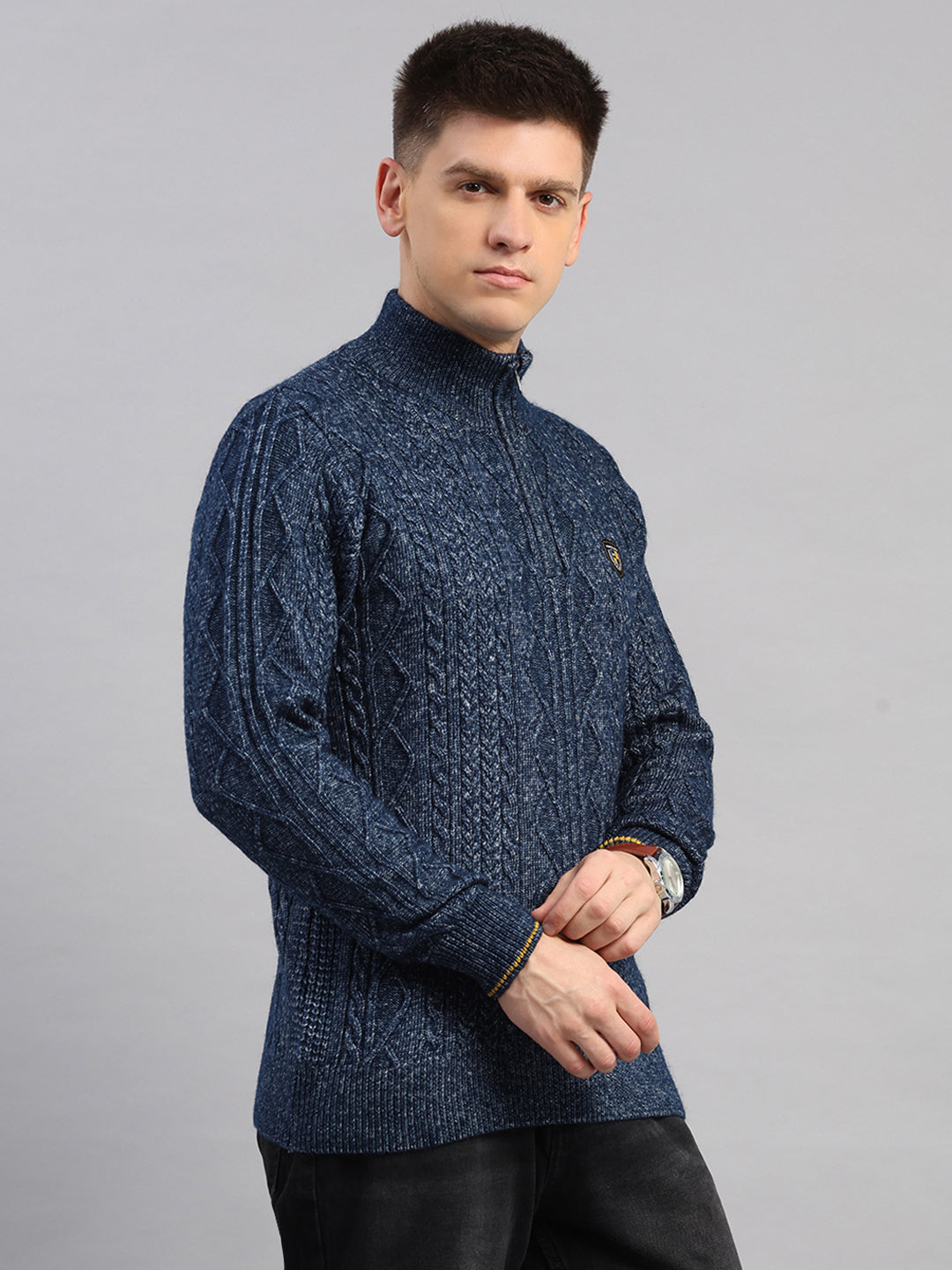 Men Blue Self Design Round Neck Full Sleeve Pullover