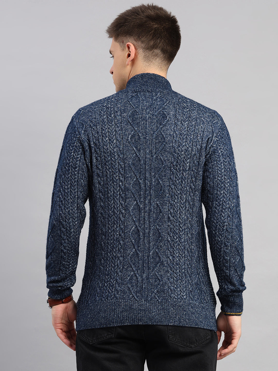 Men Blue Self Design Round Neck Full Sleeve Pullover