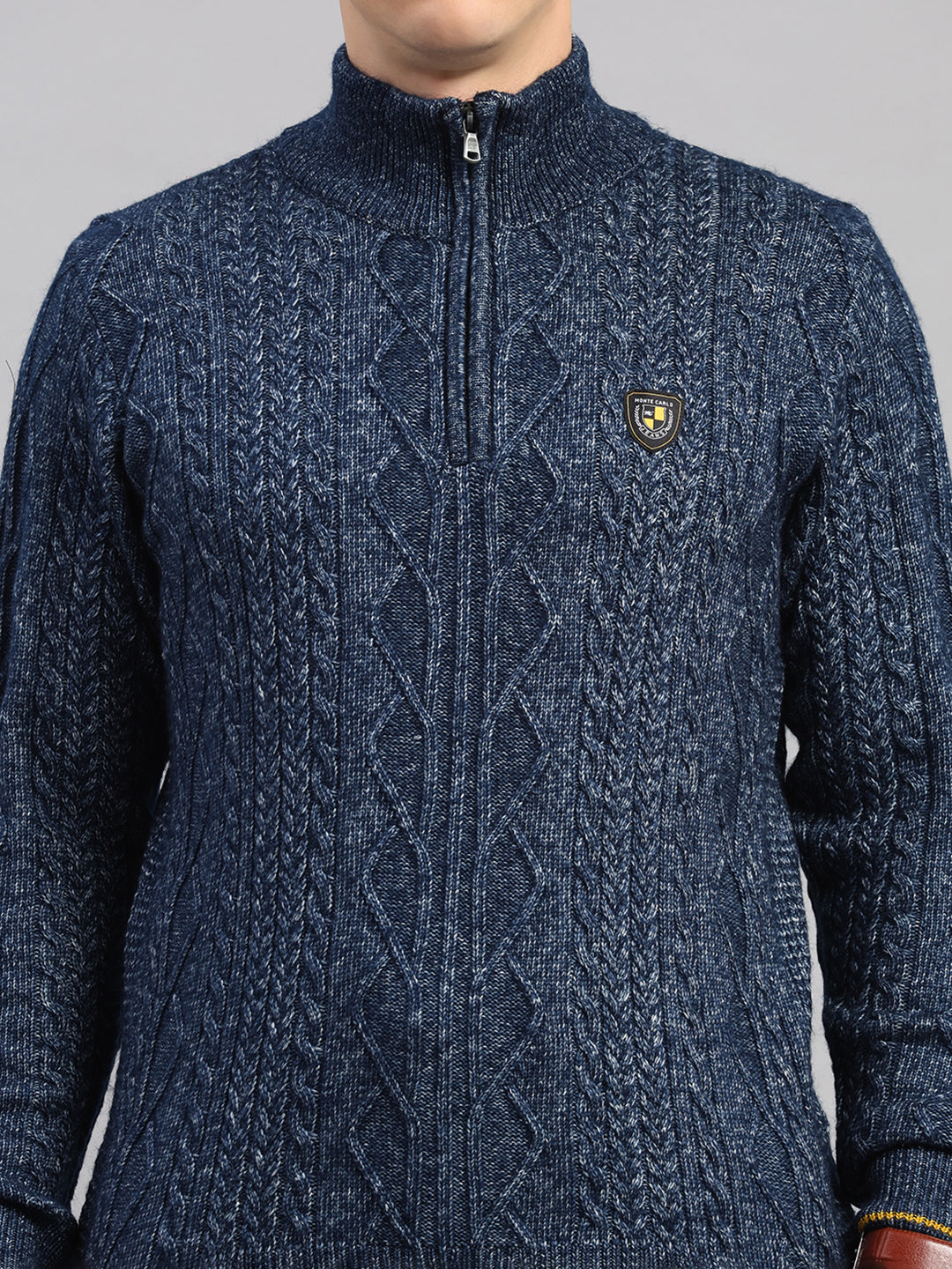 Men Blue Self Design Round Neck Full Sleeve Pullover