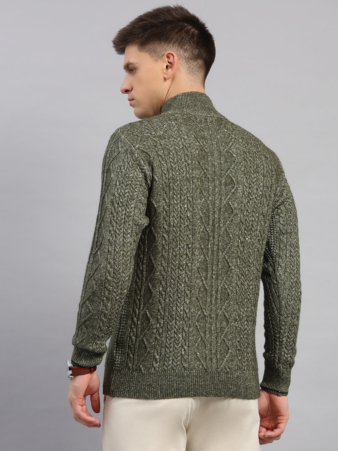 Men Green Self Design Round Neck Full Sleeve Pullover