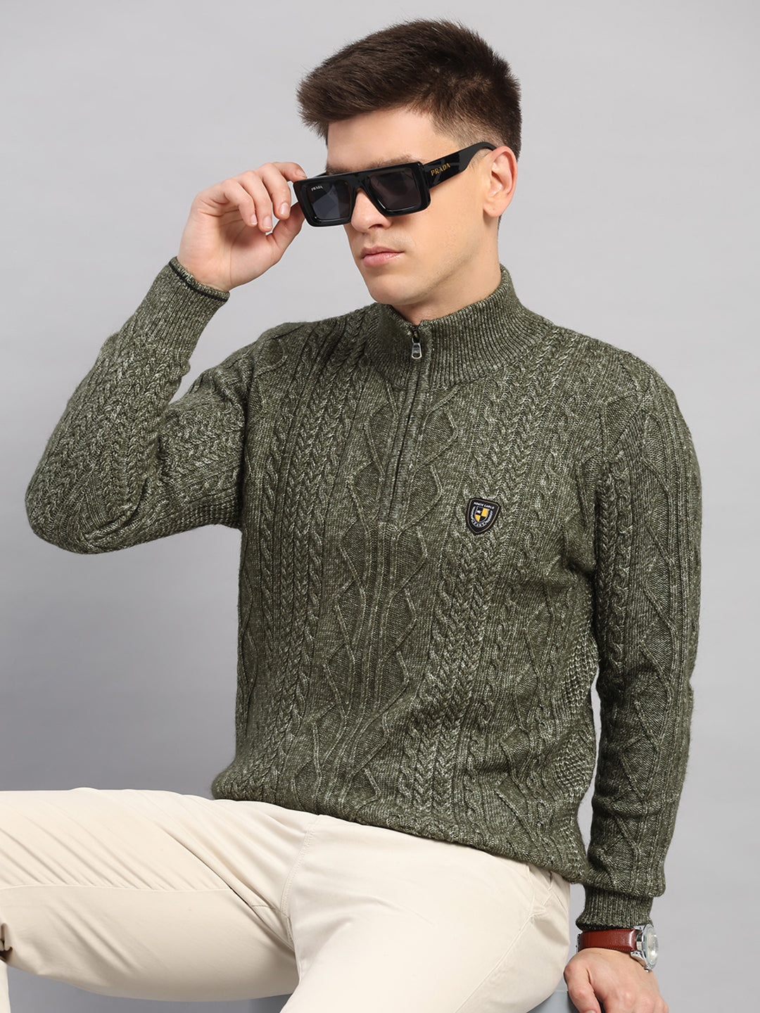 Men Green Self Design Round Neck Full Sleeve Pullover