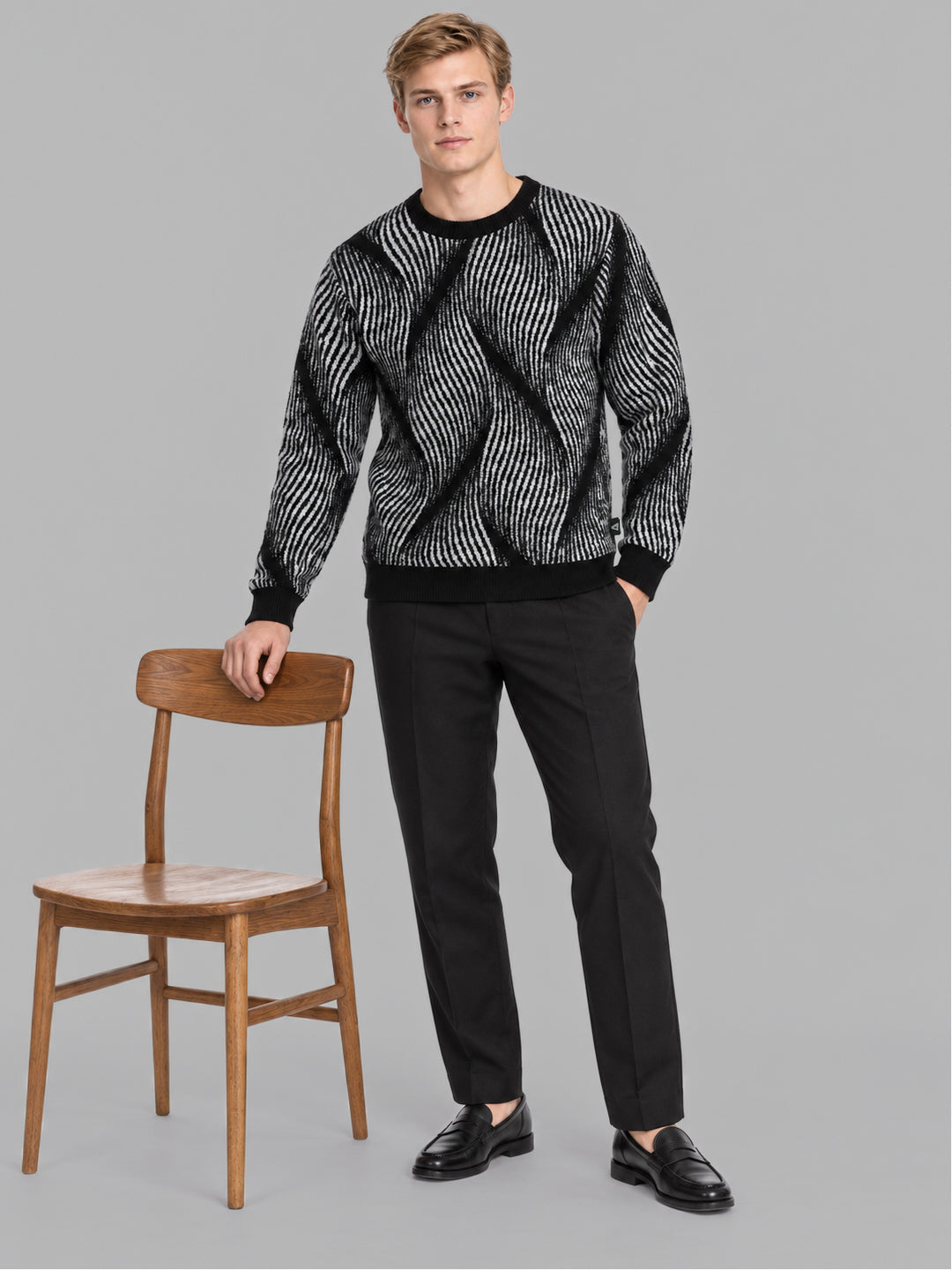 Men Black Self Design Round Neck Full Sleeve Pullover