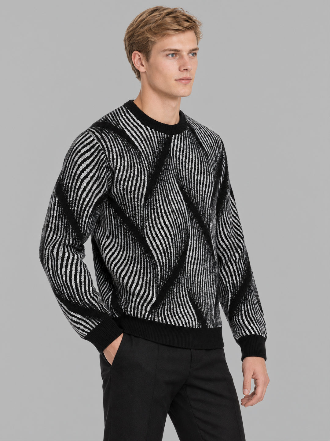 Men Black Self Design Round Neck Full Sleeve Pullover