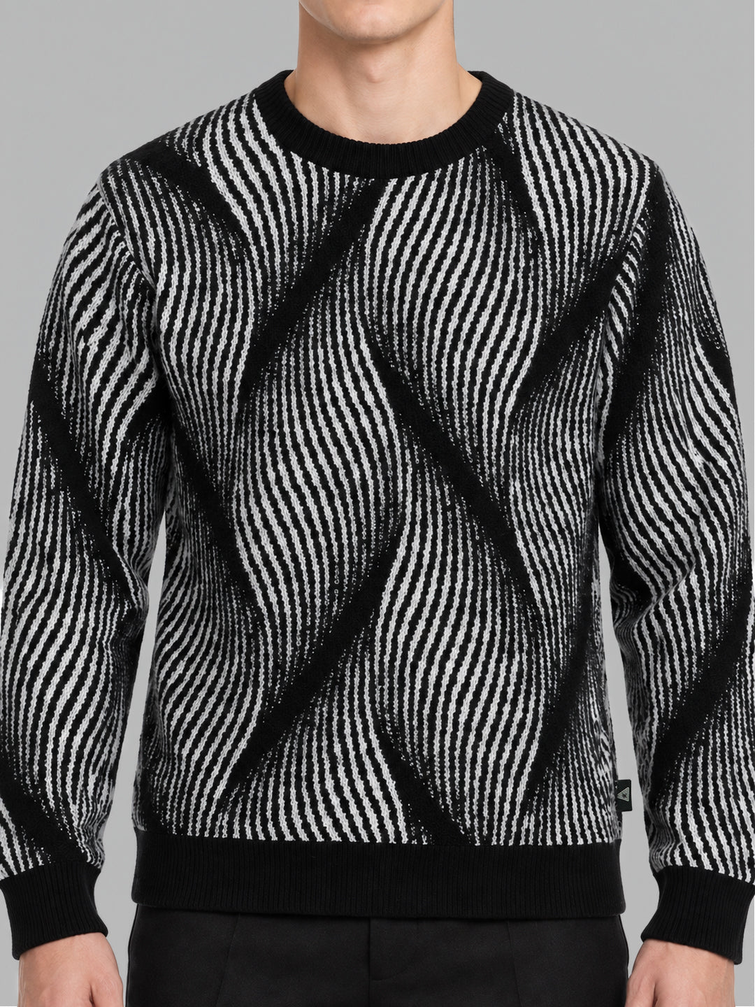 Men Black Self Design Round Neck Full Sleeve Pullover