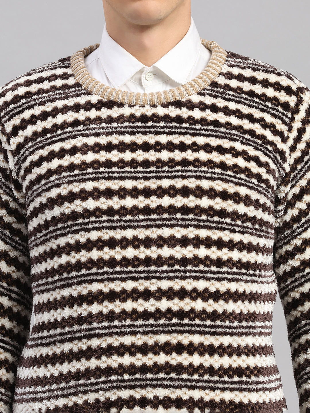 Men Beige Printed Round Neck Full Sleeve Pullover