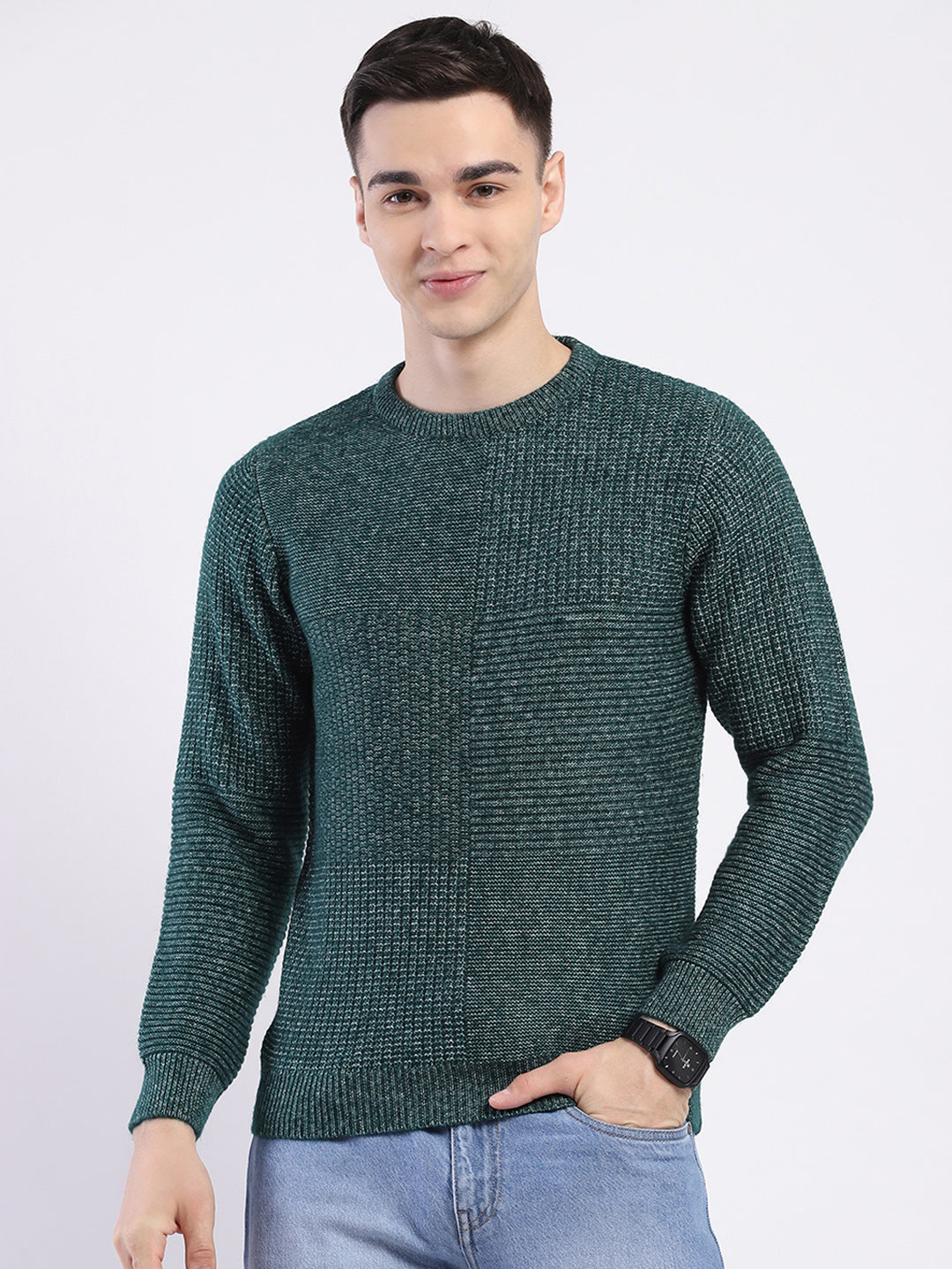 Men Green Self Design Round Neck Full Sleeve Pullover