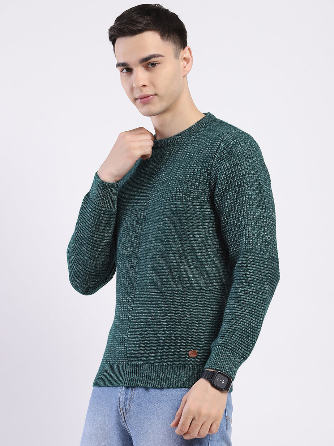 Men Green Self Design Round Neck Full Sleeve Pullover