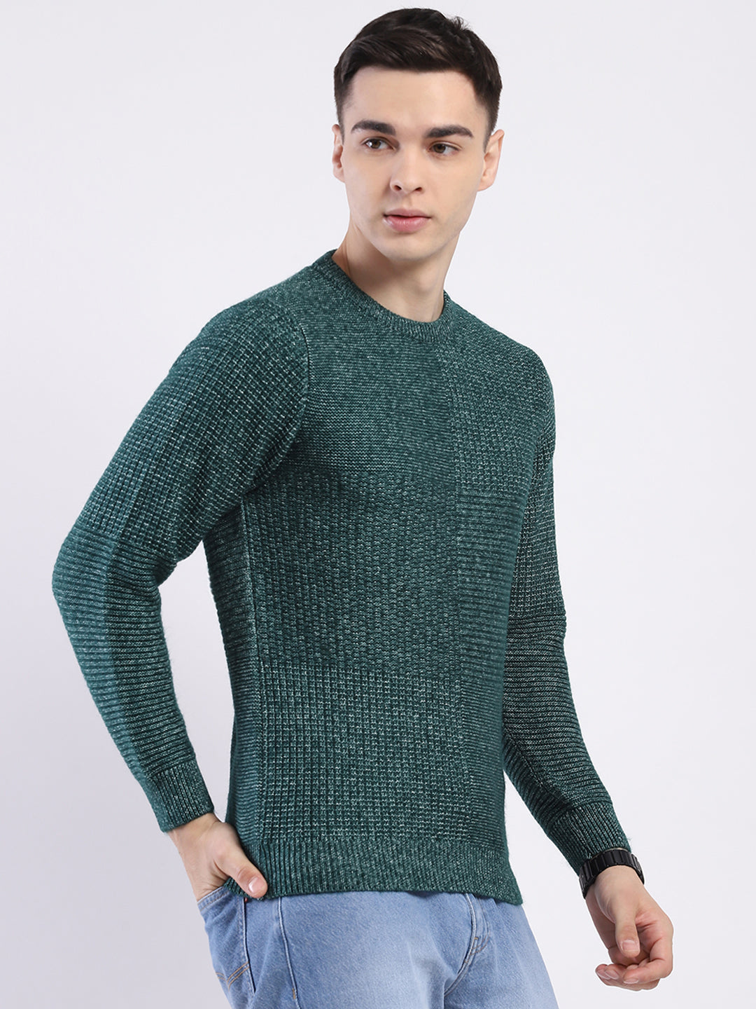 Men Green Self Design Round Neck Full Sleeve Pullover