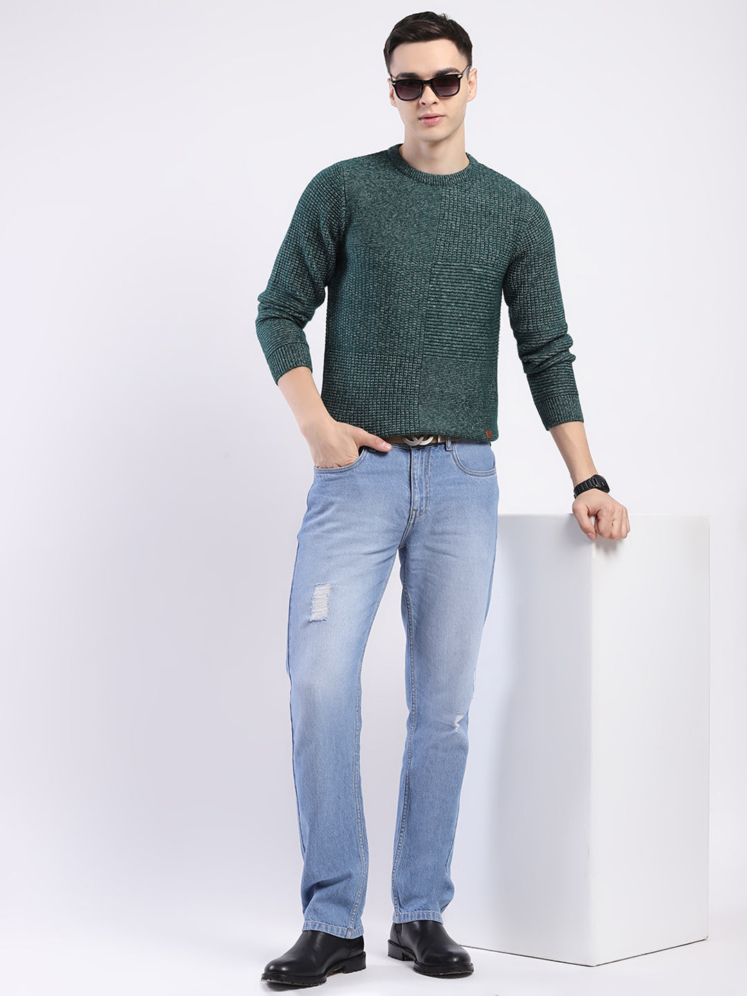 Men Green Self Design Round Neck Full Sleeve Pullover