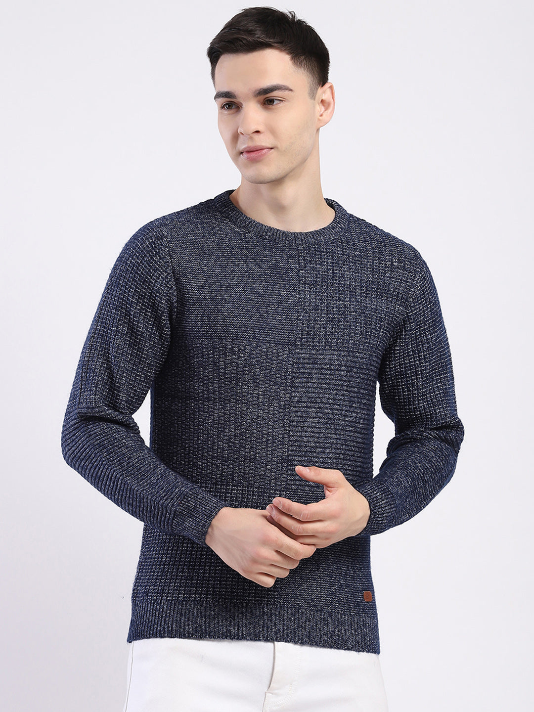 Men Blue Self Design Round Neck Full Sleeve Pullover