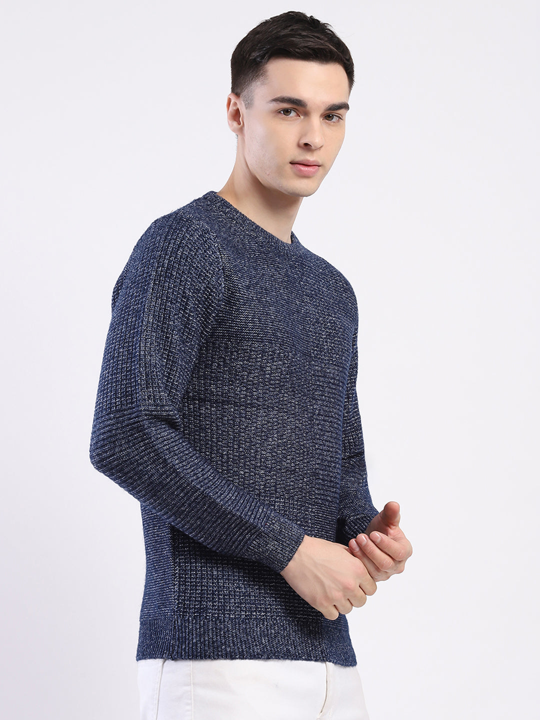 Men Blue Self Design Round Neck Full Sleeve Pullover