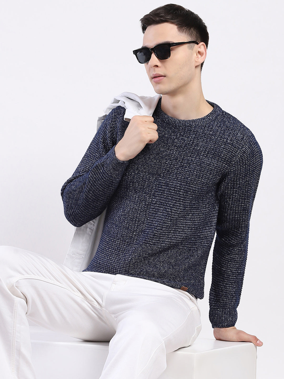 Men Blue Self Design Round Neck Full Sleeve Pullover