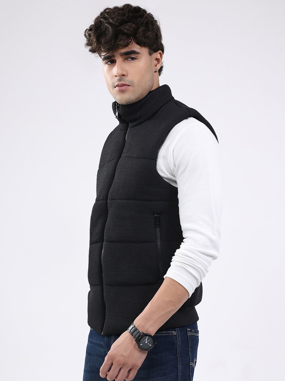 Men Black Solid Mock Neck Sleeveless Jacket