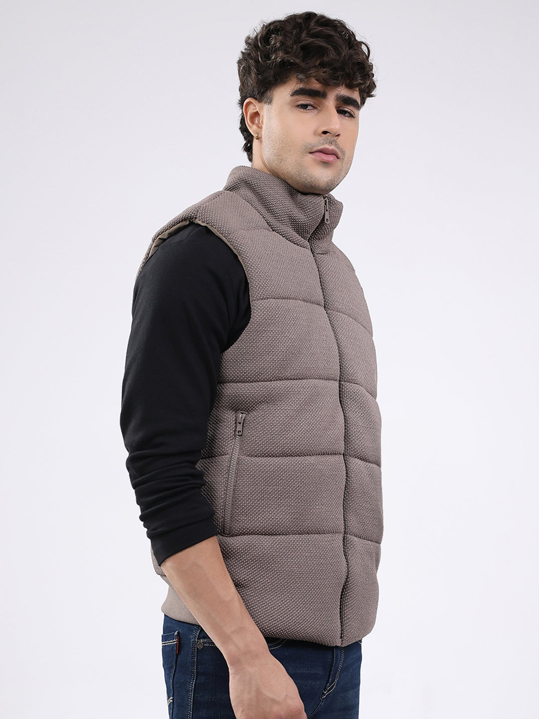 Men Brown Solid Mock Neck Sleeveless Jacket