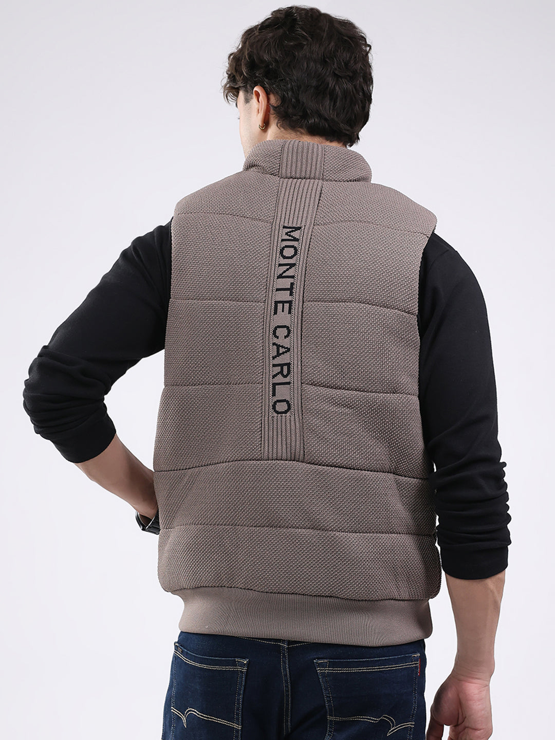 Men Brown Solid Mock Neck Sleeveless Jacket