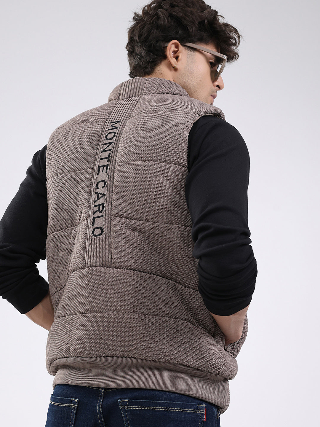 Men Brown Solid Mock Neck Sleeveless Jacket
