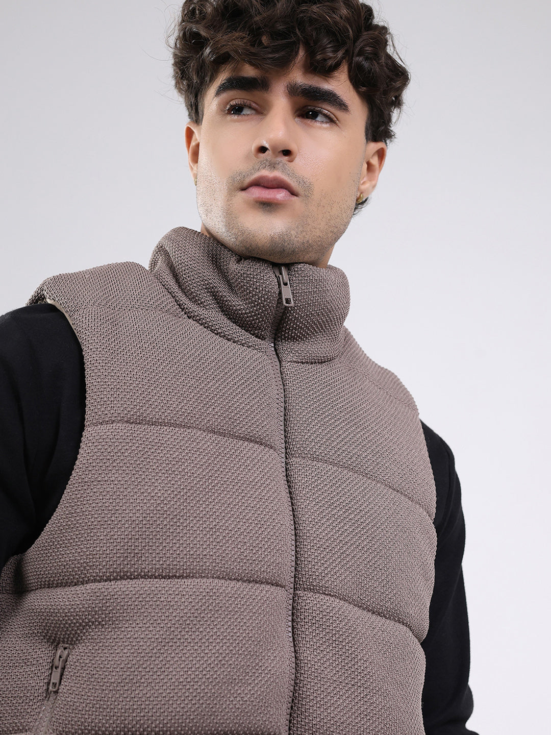 Men Brown Solid Mock Neck Sleeveless Jacket