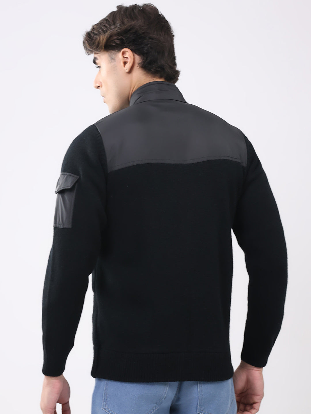 Men Black Printed T Neck Full Sleeve Jacket
