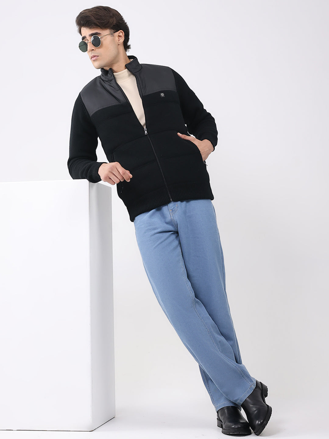 Men Black Printed T Neck Full Sleeve Jacket