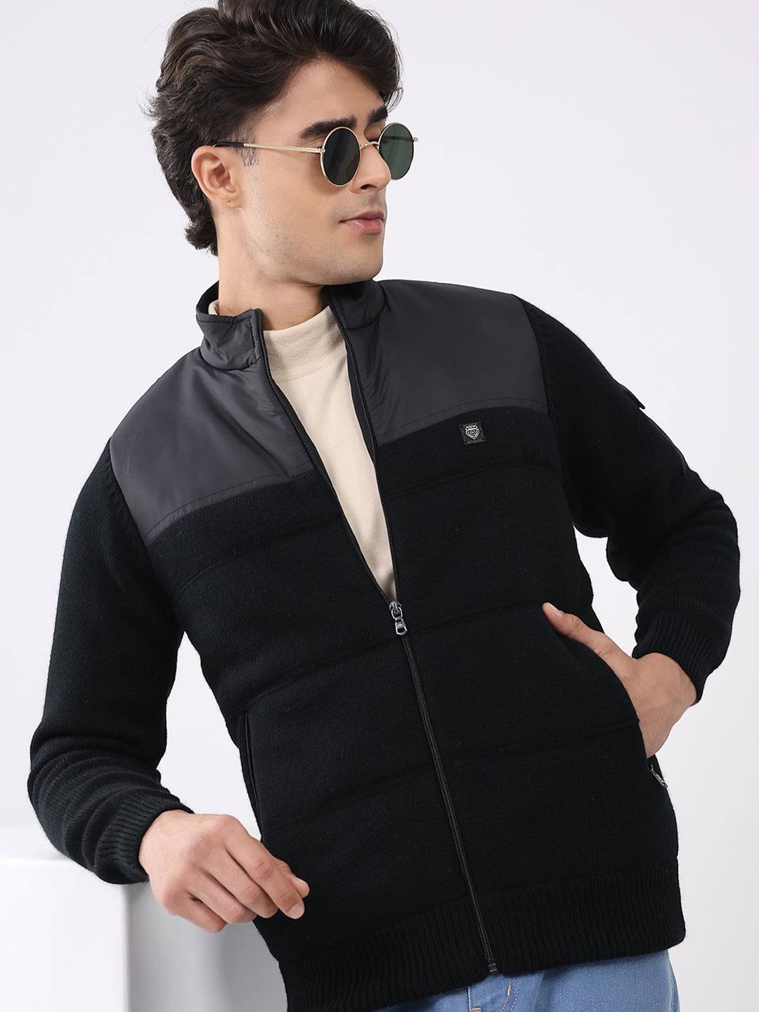 Men Black Printed T Neck Full Sleeve Jacket