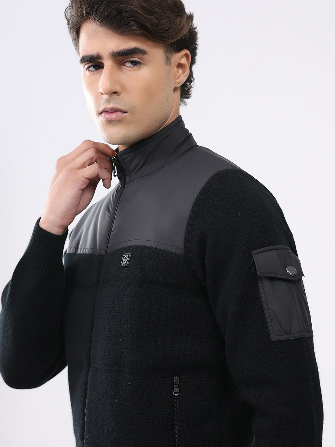 Men Black Printed T Neck Full Sleeve Jacket