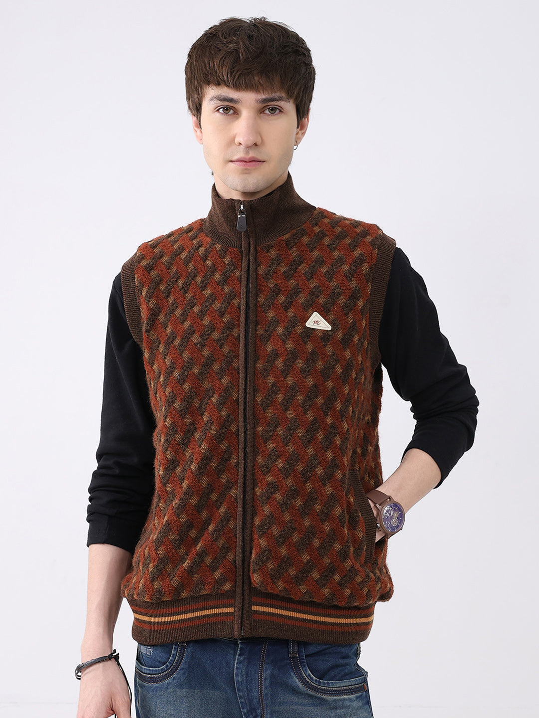 Men Brown Self Design Mock Neck Sleeveless Jacket