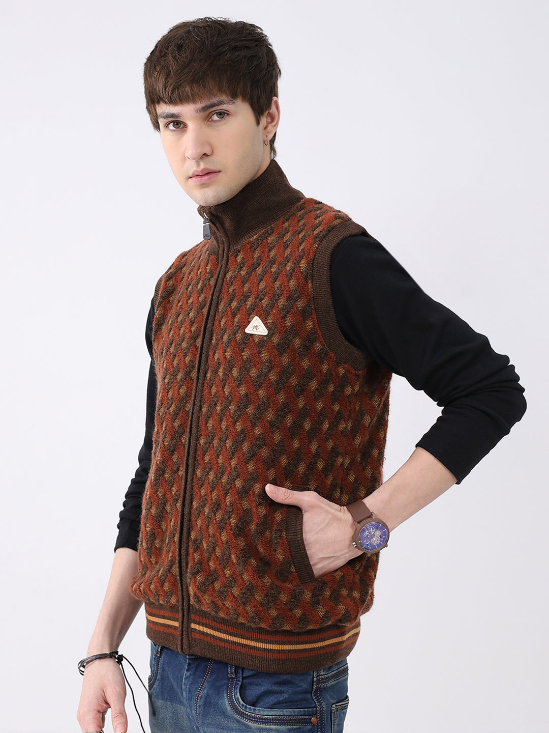 Men Brown Self Design Mock Neck Sleeveless Jacket
