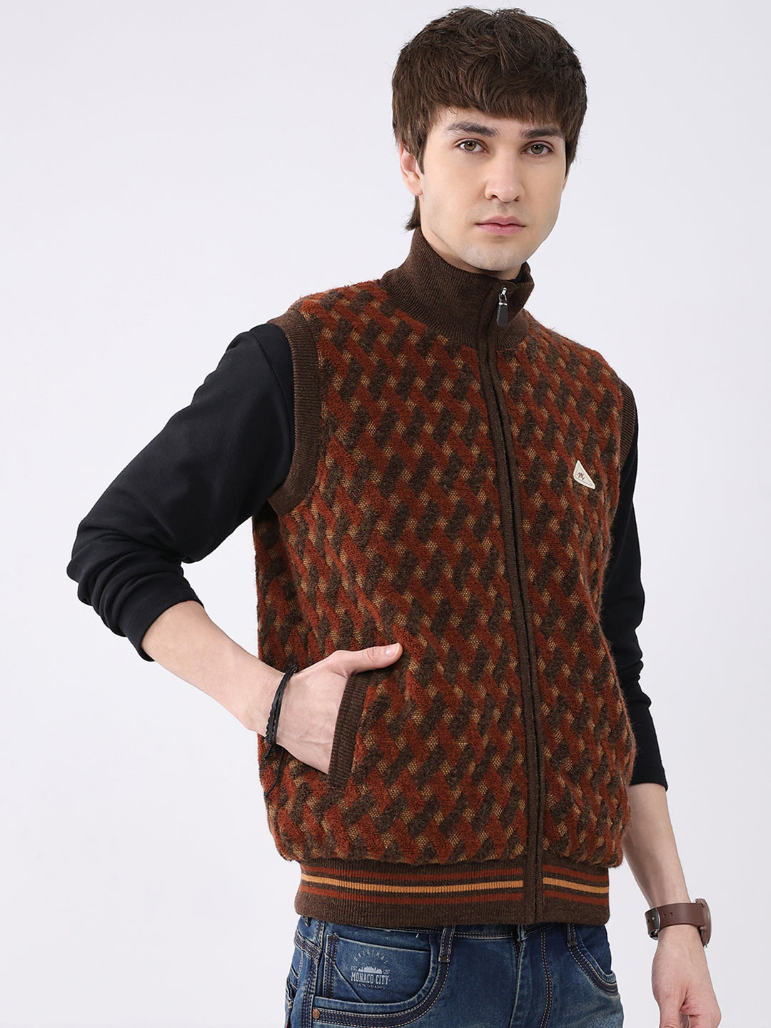 Men Brown Self Design Mock Neck Sleeveless Jacket