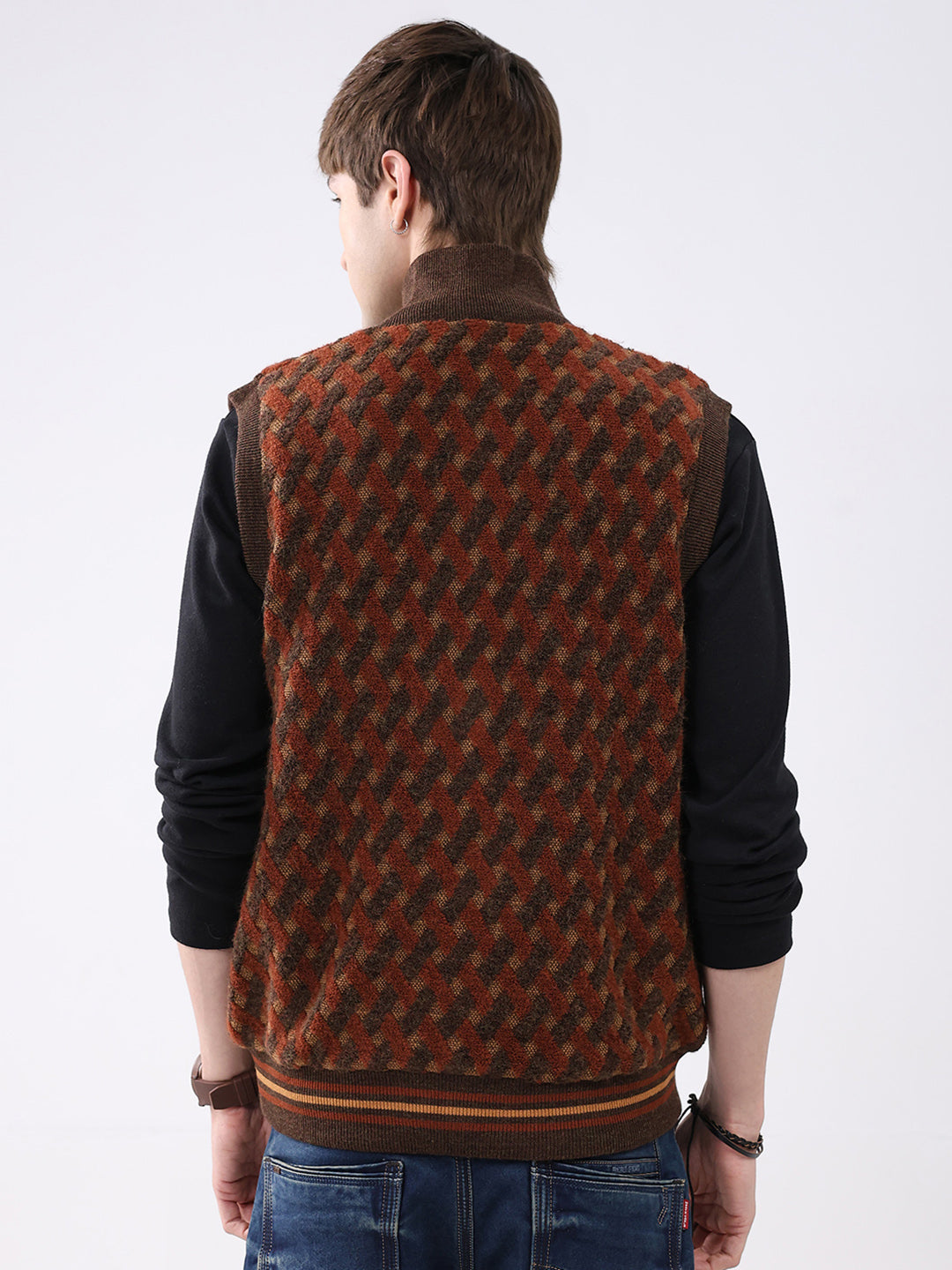 Men Brown Self Design Mock Neck Sleeveless Jacket
