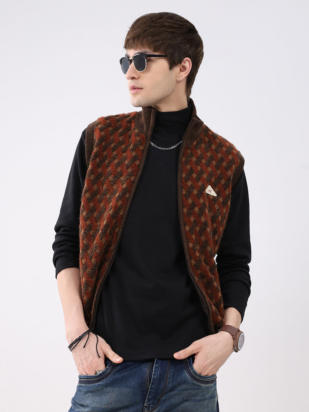 Men Brown Self Design Mock Neck Sleeveless Jacket
