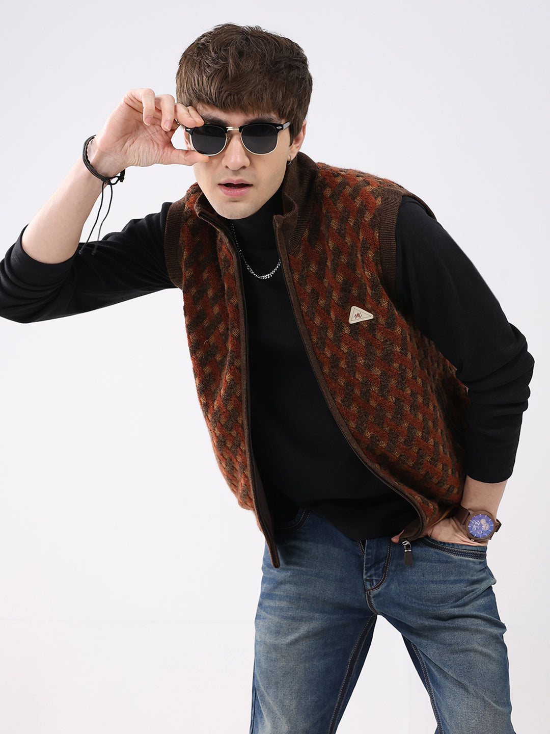 Men Brown Self Design Mock Neck Sleeveless Jacket
