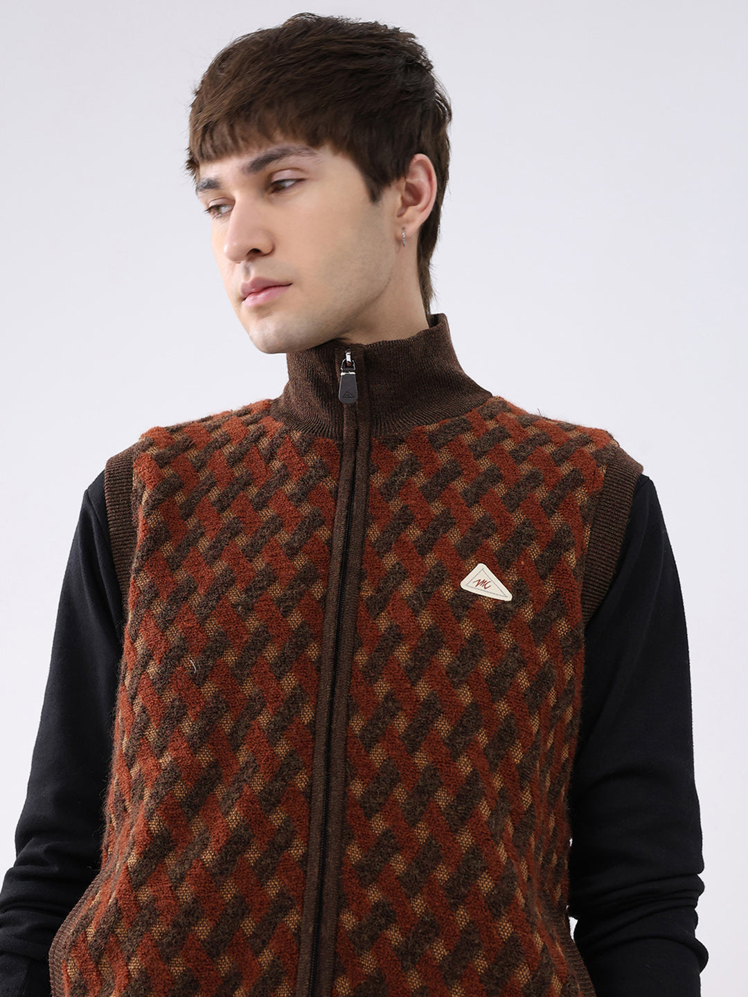 Men Brown Self Design Mock Neck Sleeveless Jacket