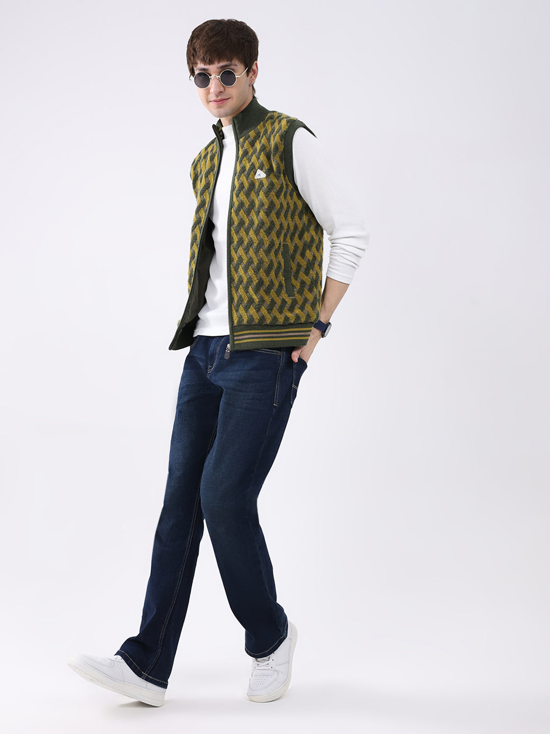 Men Green Self Design Mock Neck Sleeveless Jacket