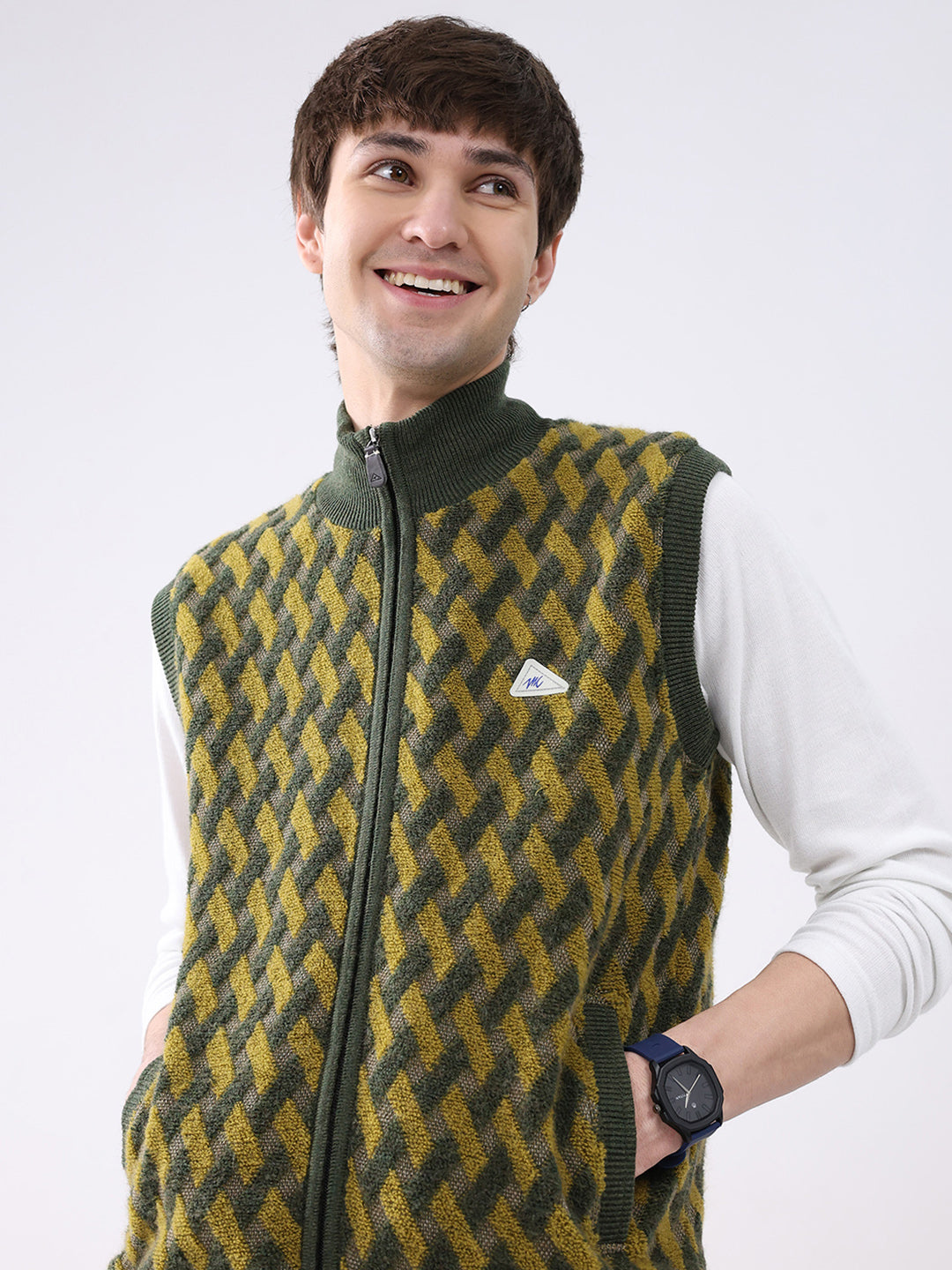 Men Green Self Design Mock Neck Sleeveless Jacket