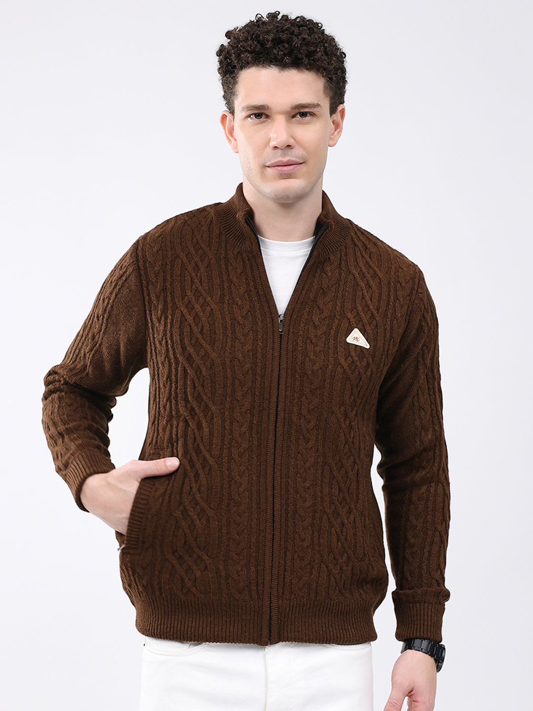 Men Brown Self Design Mock Neck Full Sleeve Jacket