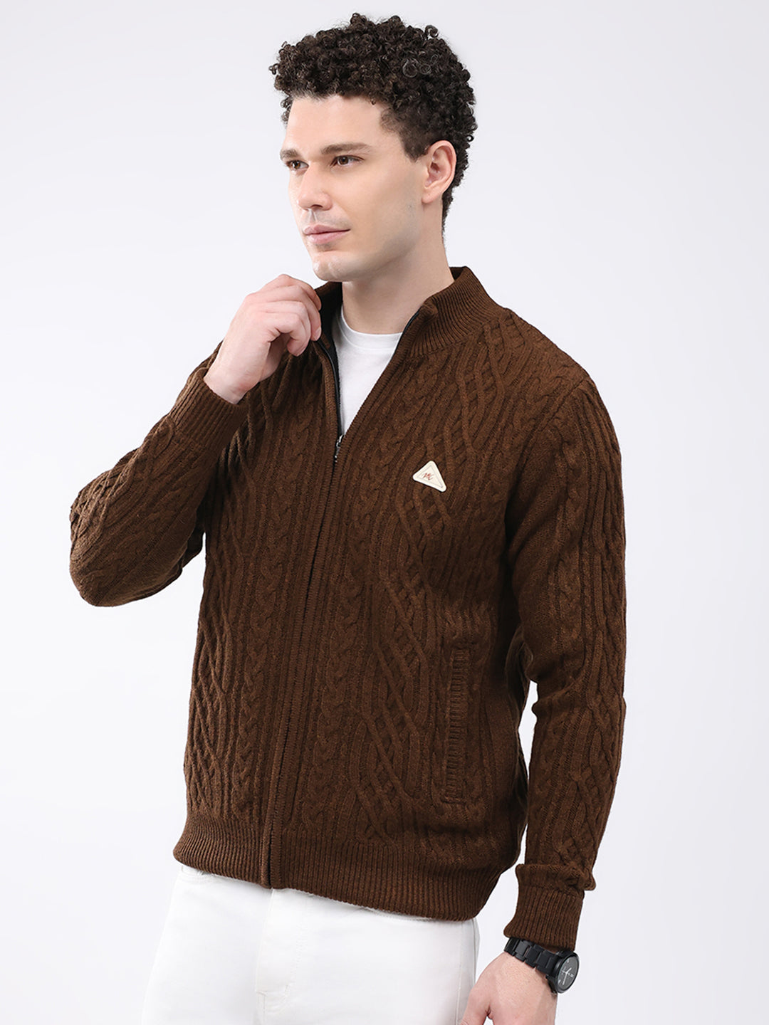 Men Brown Self Design Mock Neck Full Sleeve Jacket