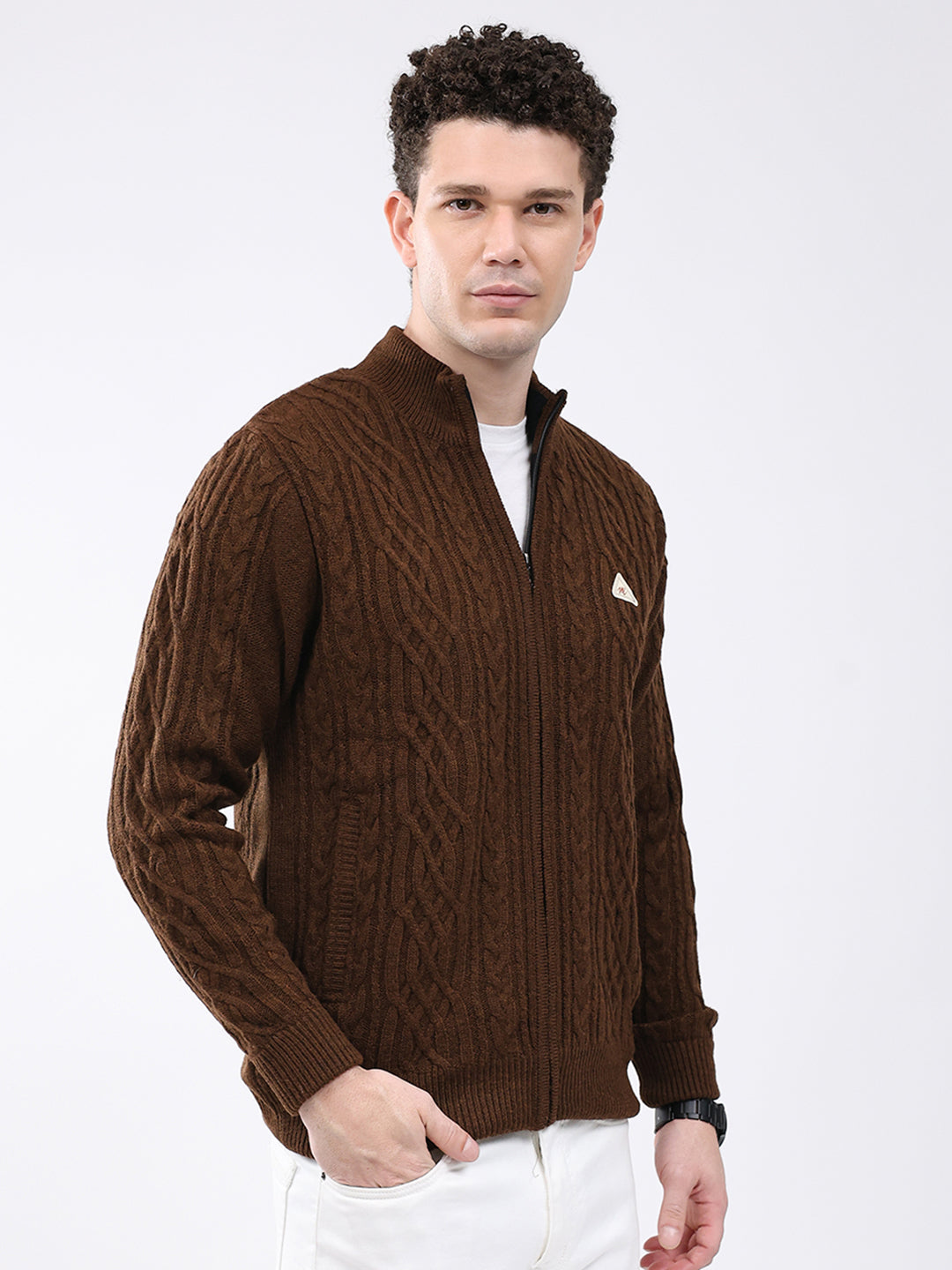 Men Brown Self Design Mock Neck Full Sleeve Jacket