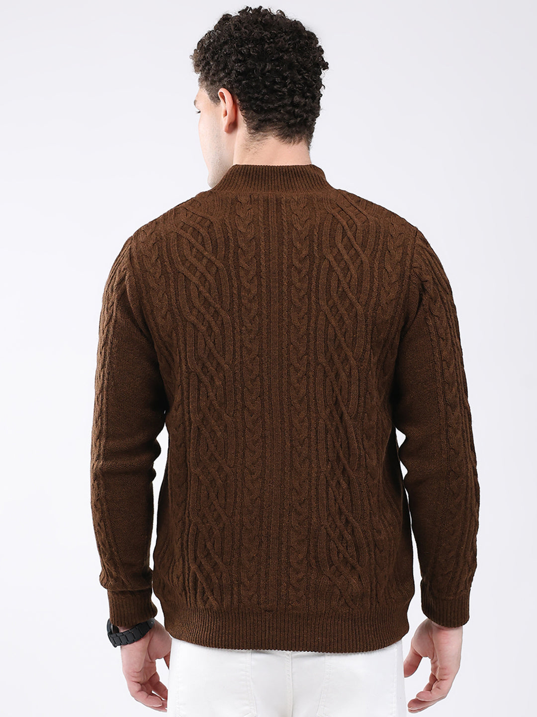 Men Brown Self Design Mock Neck Full Sleeve Jacket