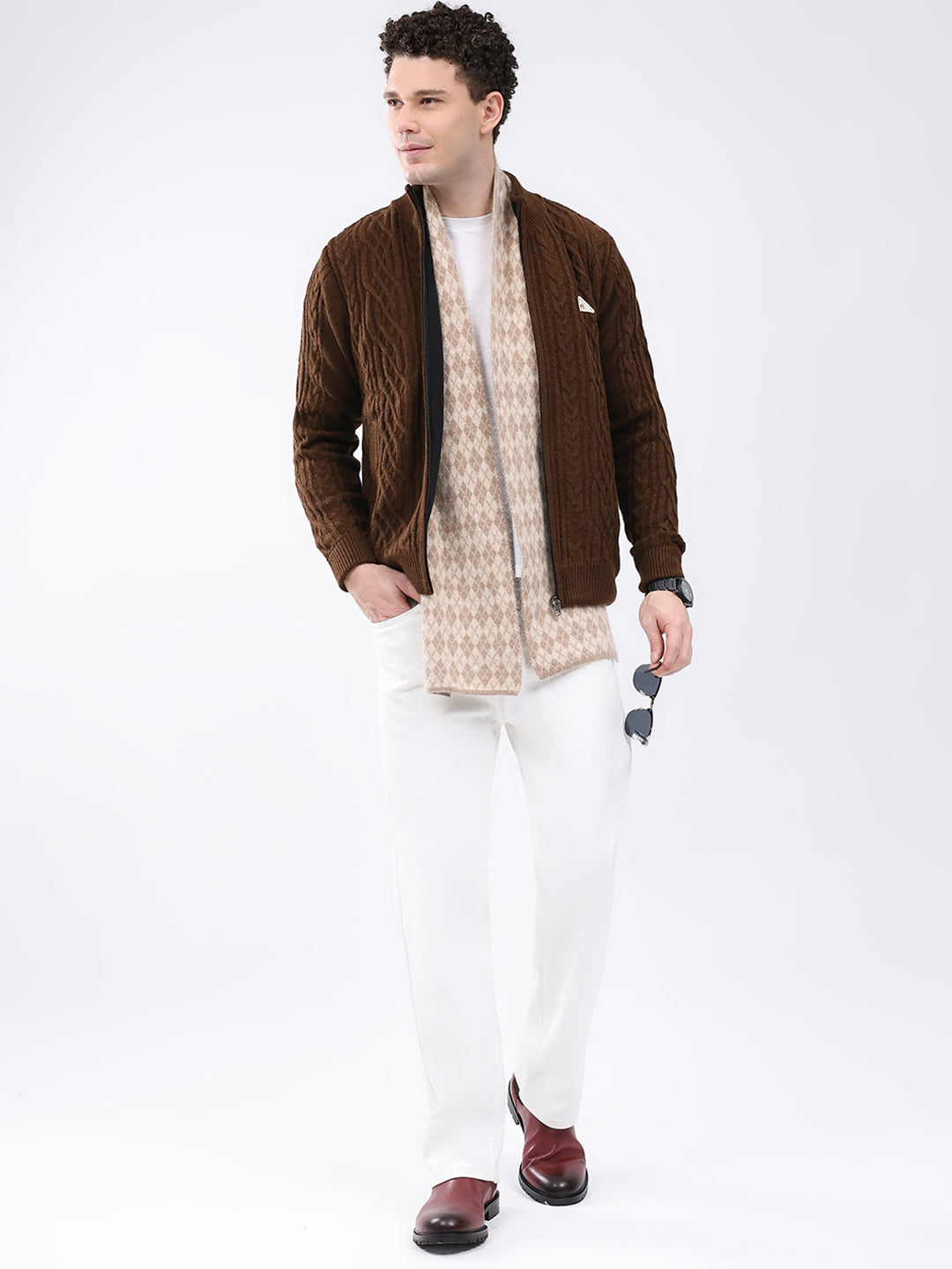 Men Brown Self Design Mock Neck Full Sleeve Jacket