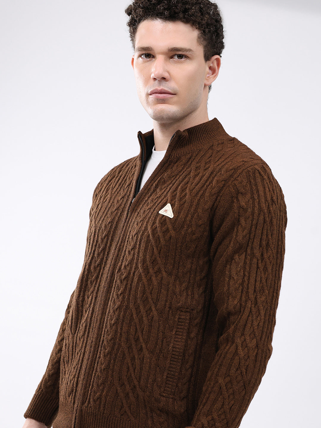 Men Brown Self Design Mock Neck Full Sleeve Jacket