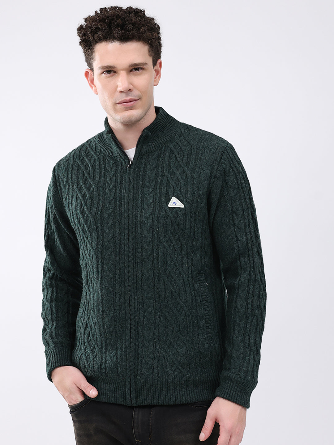 Men Green Self Design Mock Neck Full Sleeve Jacket