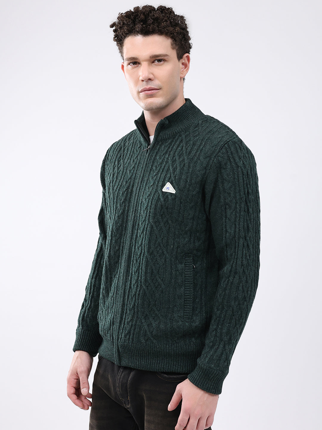 Men Green Self Design Mock Neck Full Sleeve Jacket