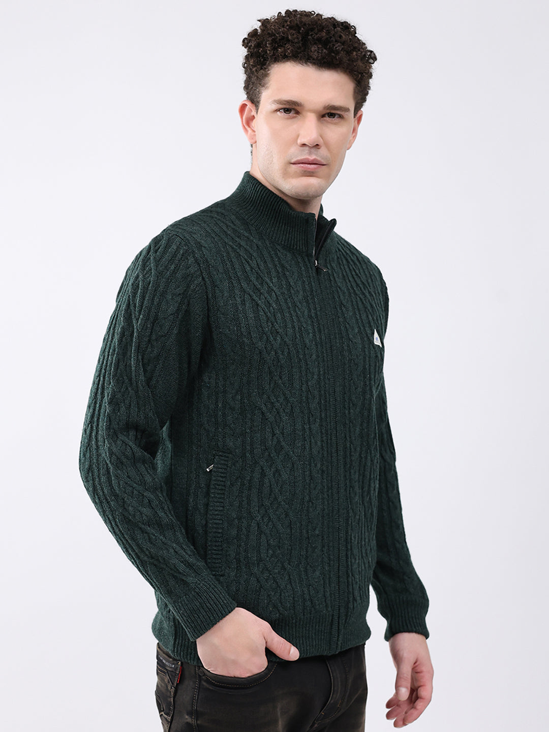 Men Green Self Design Mock Neck Full Sleeve Jacket