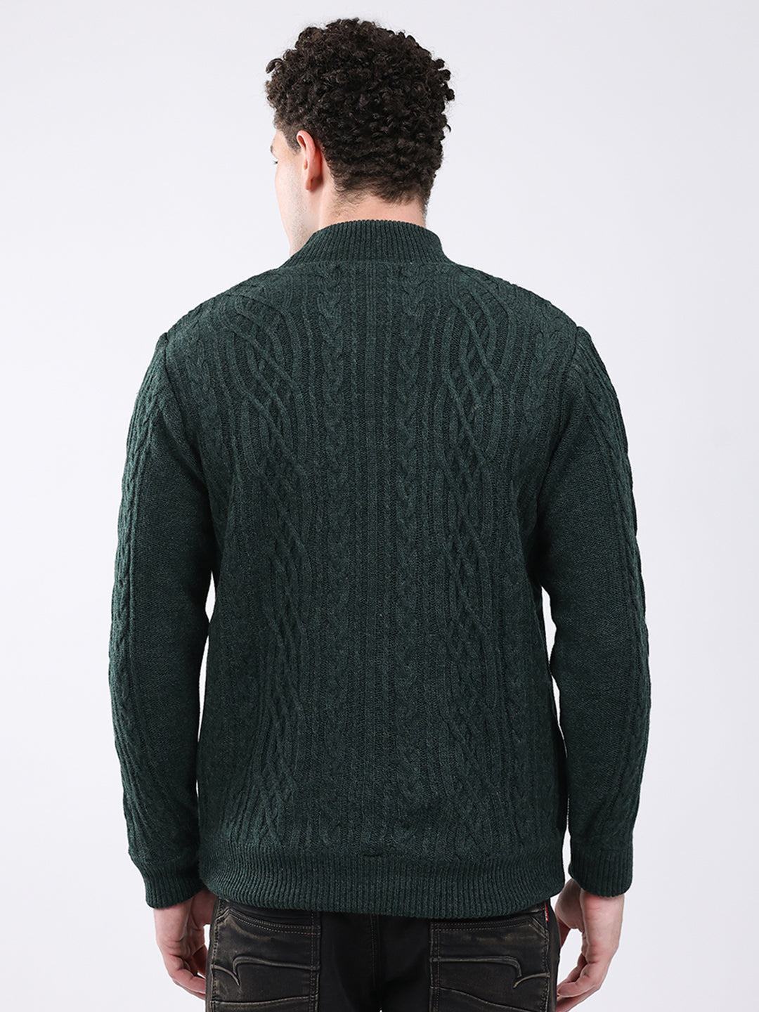 Men Green Self Design Mock Neck Full Sleeve Jacket