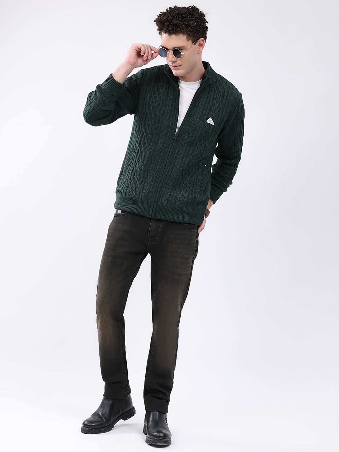 Men Green Self Design Mock Neck Full Sleeve Jacket