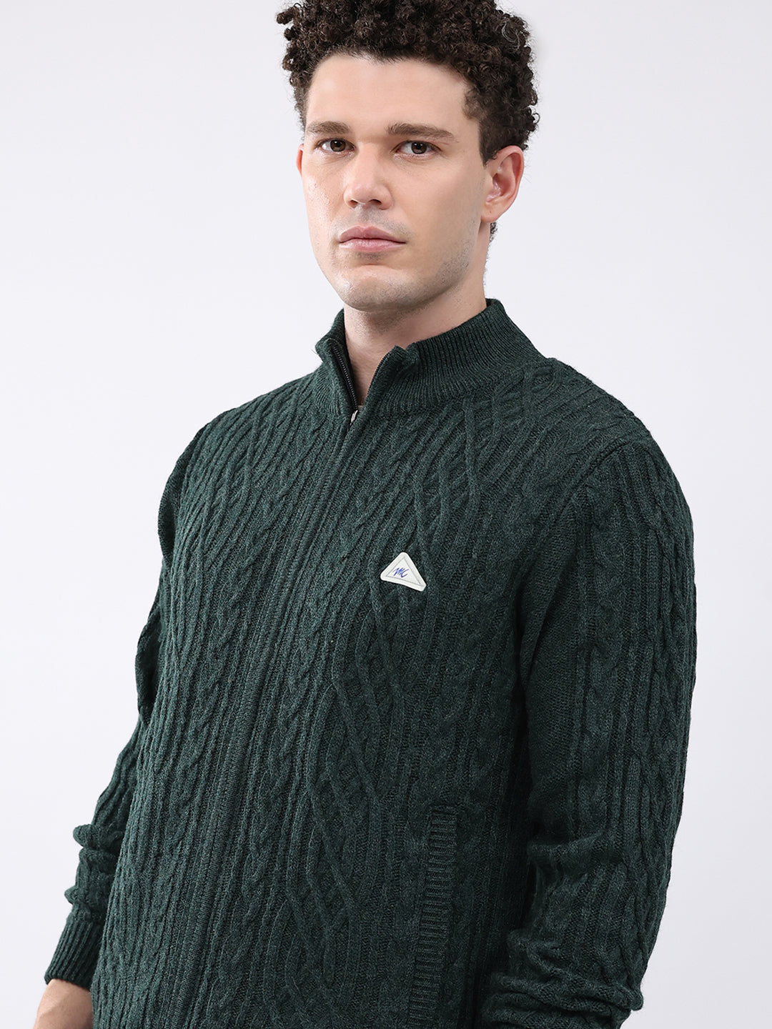 Men Green Self Design Mock Neck Full Sleeve Jacket